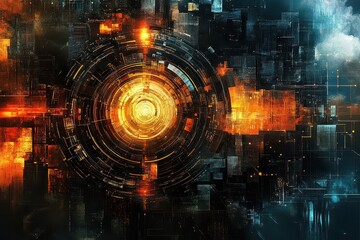 Wall Mural - Abstract digital art featuring a glowing circular core amidst a complex cityscape background