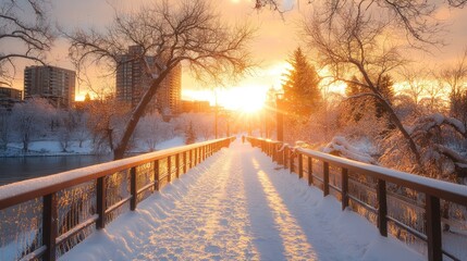 Wall Mural - Sunrise over snowy bridge and frozen river.