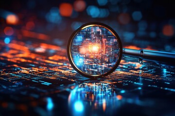 Poster - Magnifying Glass Reveals Intricate Digital Data Flowing Across a Dark Surface with Vibrant Lights