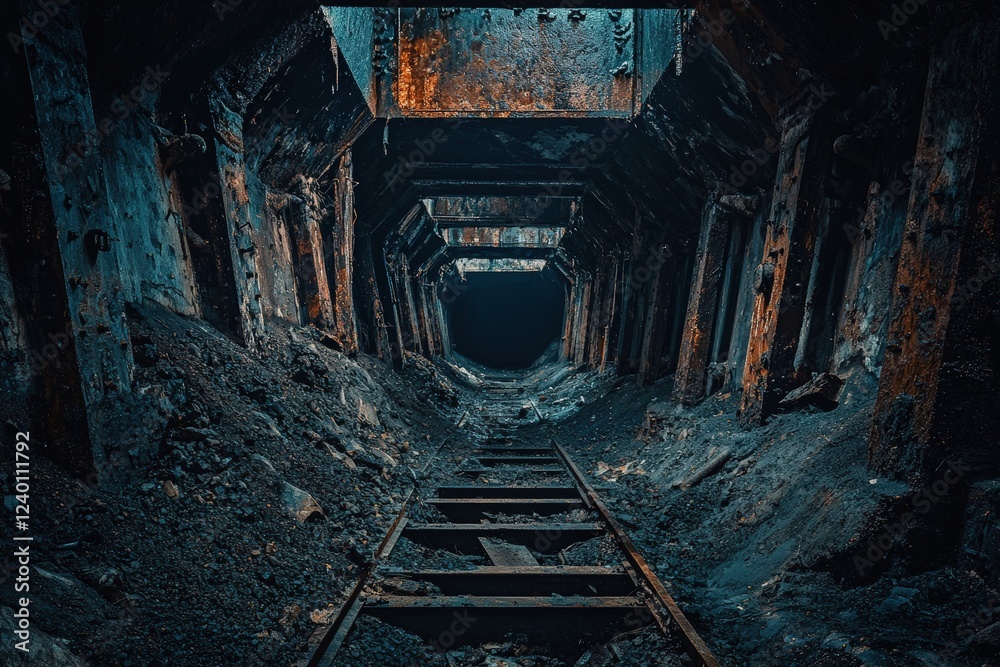 Abandoned coal mine ventilation tunnel interior slung derelict forsaken ...