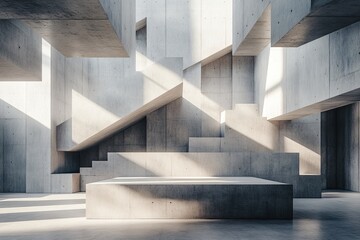 Poster - Concrete architectural structure with stairs and platform bathed in sunlight creating shadows