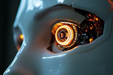 Poster - Robotic eye integrated into human design showcasing futuristic technology and advanced cybernetic features in a dimly lit setting