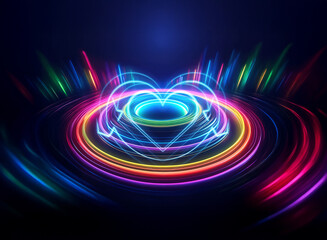 Wall Mural - a vibrant double exposure image showcasing a radiant heart encircled by colorful, swirling neon ligh