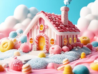 Poster - Sweet candy house with pink and white stripes and sugary details in a dreamy landscape