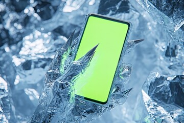 Poster - Crystalline hand with sharp edges holds a smartphone in a surreal icy environment