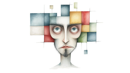 Fototapete - Intriguing portrait, man's face crafted from a mosaic of multicolored squares fusion of digital art and geometric design