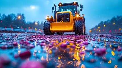 Wall Mural - Tractor paving road, night, rain, highway, construction