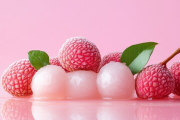 Wall Mural - Frozen Lychees and Lychee Sorbet on Pink Background