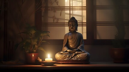 Poster - Tranquil Buddha Statue Placed in a Quiet Meditation Room with Soothing Lighting Tones Evoking a Sense of Spiritual Calm and Contemplation