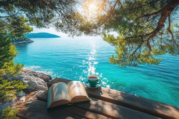 Wall Mural - Coastal morning coffee; book and sea view; relaxing; tranquil beach escape