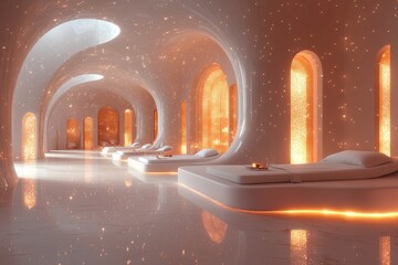 Futuristic spa relaxation room, glowing arches, serene atmosphere, wellness retreat