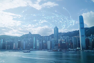 Poster - Futuristic city skyline with digital elements reflecting advanced technology and innovation near bustling waterfront