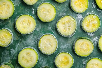 Wall Mural - Frozen zucchini slices arranged on a green background