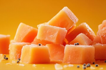 Wall Mural - Frozen papaya cubes arranged on a yellow background