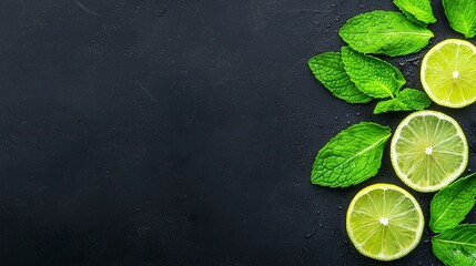 Wall Mural - Fresh lime slices and vibrant mint leaves arranged artistically on a dark textured background for culinary inspiration