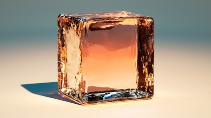 Wall Mural - Amber glass cube on beige surface, studio shot