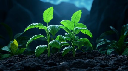 Wall Mural - Newly sprouted plants emerging from rich soil under soft blue light in a tranquil forest setting