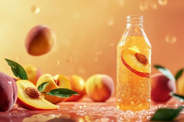 Wall Mural - Refreshing Peach Iced Tea Drink Bottle With Fruit