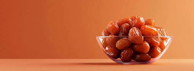 Wall Mural - Glass bowl filled with sweet dates on orange background.