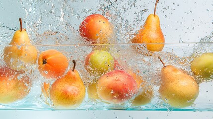 Wall Mural - Fresh pears, peaches, and apples splashing in water.  Food photography for recipes or healthy eating