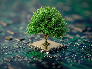Poster - Green tree growing from a chip on a circuit board representing technology and nature integration