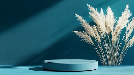 Canvas Print - Teal podium with pampas grass against a teal wall, sunlit.