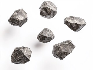 Poster - Six dark grey stones floating in a white space creating a minimal abstract design pattern