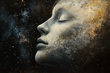 Poster - Face dissolving into a cosmic canvas of stars and vibrant colors at twilight