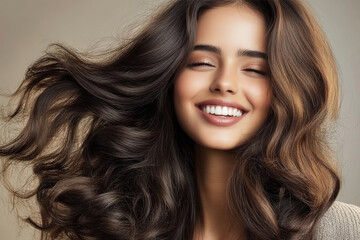 Wall Mural - a gorgeous Indian women smiling, with stilled nice looking neet black hair, fresh grey color limbo background