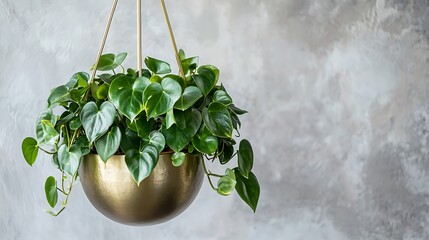 Wall Mural - Hanging philodendron plant in gold pot against textured wall; home decor, interior design