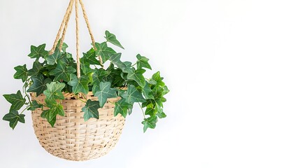 Wall Mural - Hanging ivy plant in wicker basket against white wall; home decor