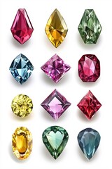 Poster - Twelve colorful gems with various shapes and cuts displayed on a white background in a grid pattern