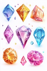 Poster - Collection of colorful shiny gems in various shapes and sizes on a clean white background