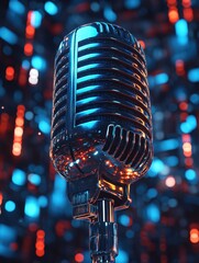 Poster - Chrome microphone with blue and red bokeh lights in background for music or podcasting