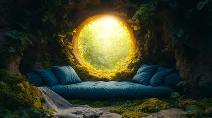 Poster - large sofa against a natural leaf wall with a huge window into the summer . Generative AI