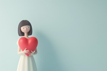 tiny figure of girl holding heart on white background