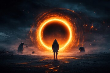  A magical depiction of a young adventurer tentatively stepping into a glowing portal surrounded by swirling energy, with mythical creatures watching from the shadows