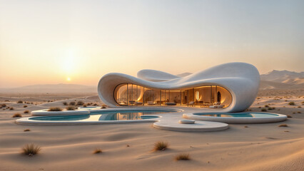 Poster - futuristic modern building in the middle of the desert . Generative AI
