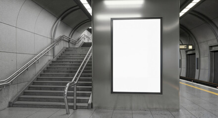 Poster - mockup of advertising banner near escalator in metro . Generative AI