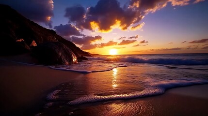 Wall Mural - Stunning Sunset Over Ocean Beach, Rocky Shore