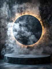 Poster - Dark circle with glowing edge and smoke on a platform against textured wall in dark room