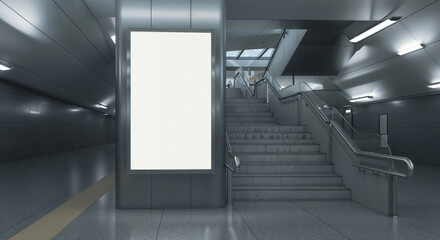 Poster - mockup of advertising banner near escalator in metro . Generative AI