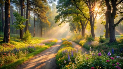 Golden Sunlight Illuminates a Serene Woodland Path Lined with Vibrant Wildflowers, Creating a Magical and Peaceful Atmosphere