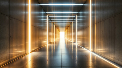 Poster - futuristic office corridor with luminous elements . Generative AI