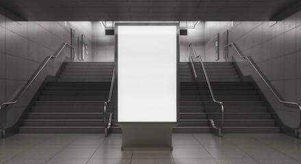 Poster - mockup of advertising banner near escalator in metro . Generative AI