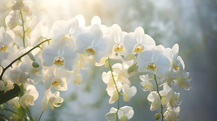 Wall Mural - Elegant White Orchids in Soft Natural Lighting Capturing the Beauty of Botanical Simplicity and Tranquility  Delicate Floral Photography Showcasing the Graceful Nature of these Blooming Flowers