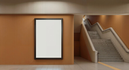 Poster -  mockup of advertising banner near escalator in metro. Generative AI