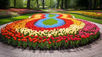 Wall Mural - Stunning colorful tulip garden in perfect symmetrical bloom with lush floral patterns and natural harmony  Vibrant spring flowers in a serene landscape background