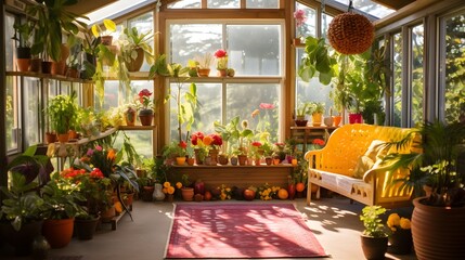 Sticker - Vibrant Greenhouse Oasis Bathed in Sunlight   Lush Exotic Foliage Thriving in Natural Splendor  Serene and peaceful indoor garden scene with colorful luxuriant plants growing in a bright