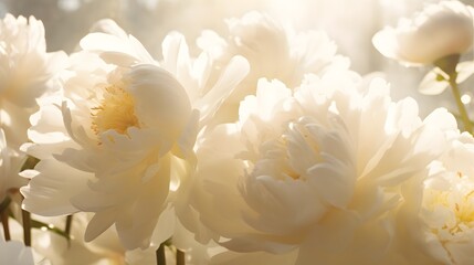 Wall Mural - Gorgeous white peonies in full bloom showcasing their delicate petals and soft shadows creating a serene and romantic natural scene